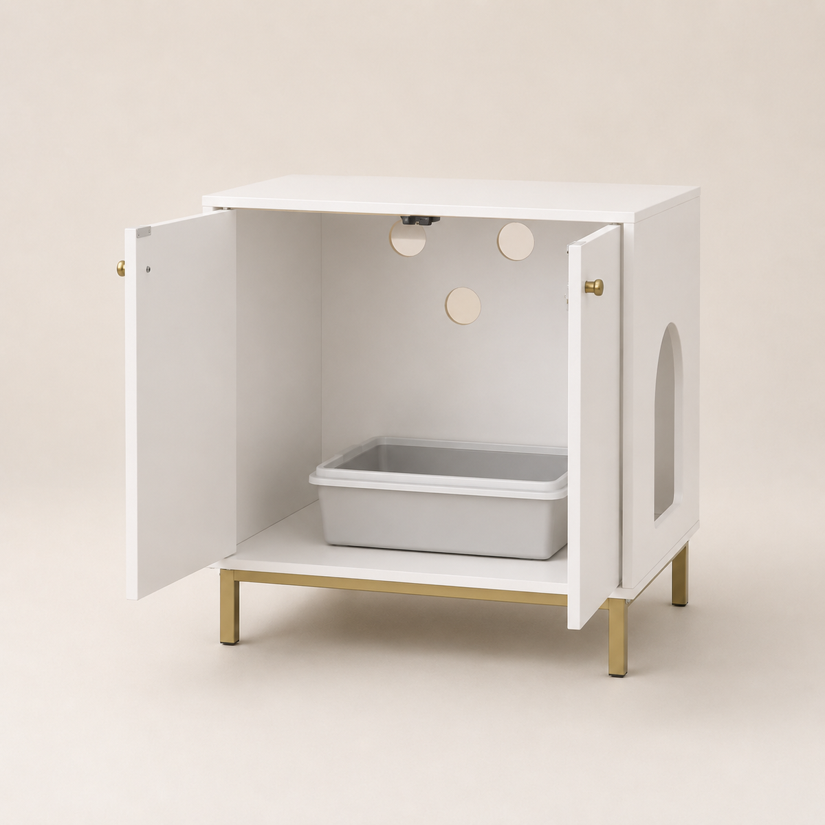 Katzentoilettenschrank in Weiß und Gold – Kube