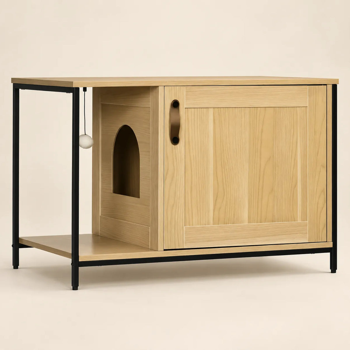 Katzentoilettenschrank Benk aus hellem Holz und schwarzem Metall