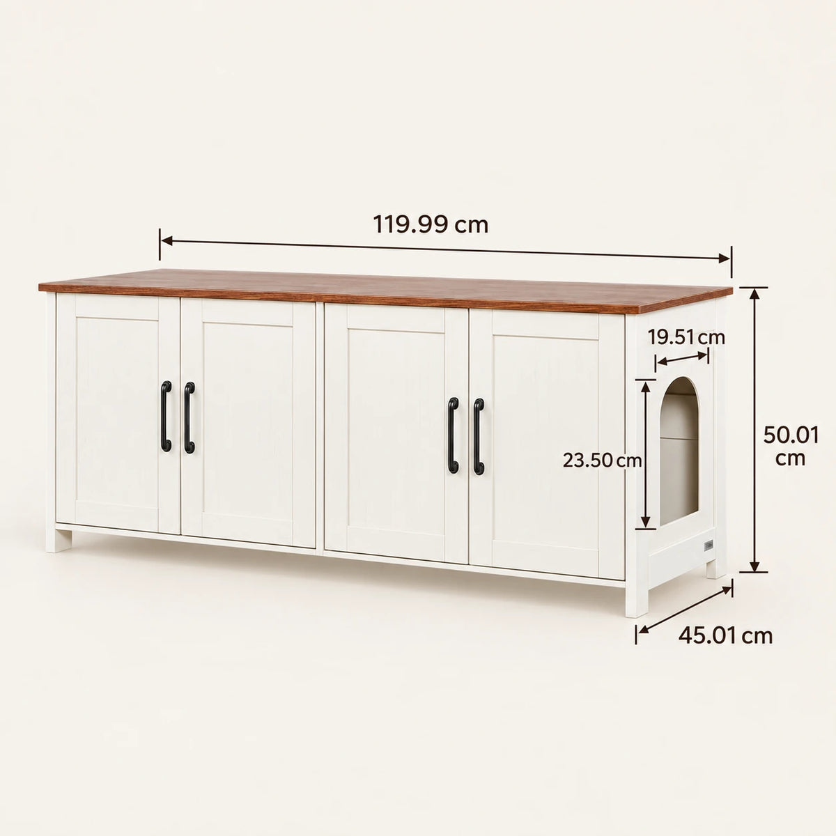 Abmessungen des Katzentoilettenschranks Flett in Weiß und Holzoptik