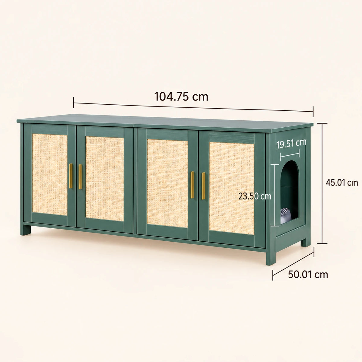 Dimensions — Abmessungen des Katzentoilettenschranks Flett in Retrogrün und Rattanoptik