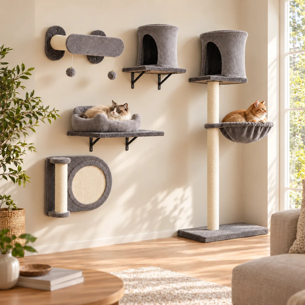 Katzen-Wandparcours Klippe im hellen Wohnraum mit mehreren Katzen