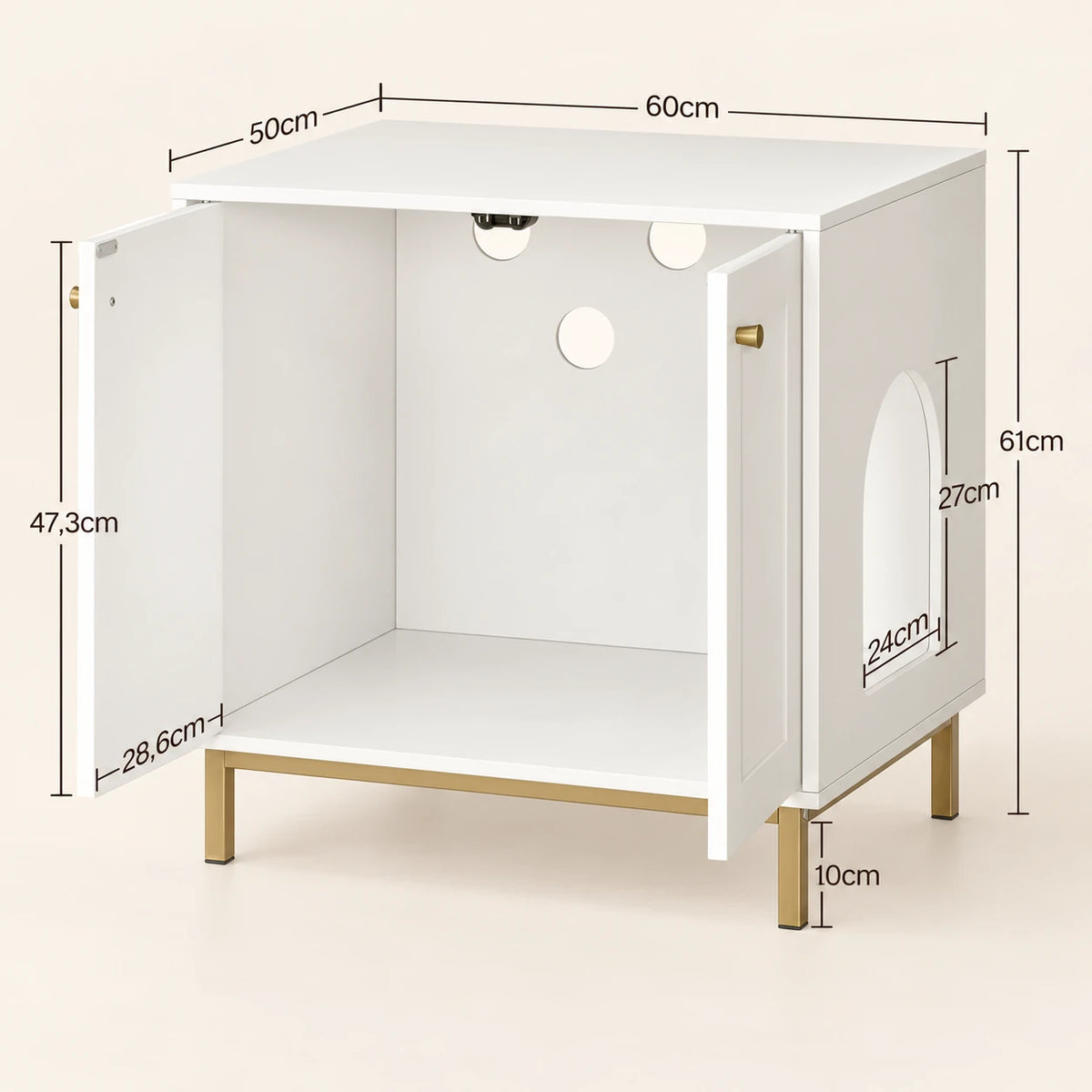 Dimensions — Abmessungen des Katzentoilettenschranks Kube