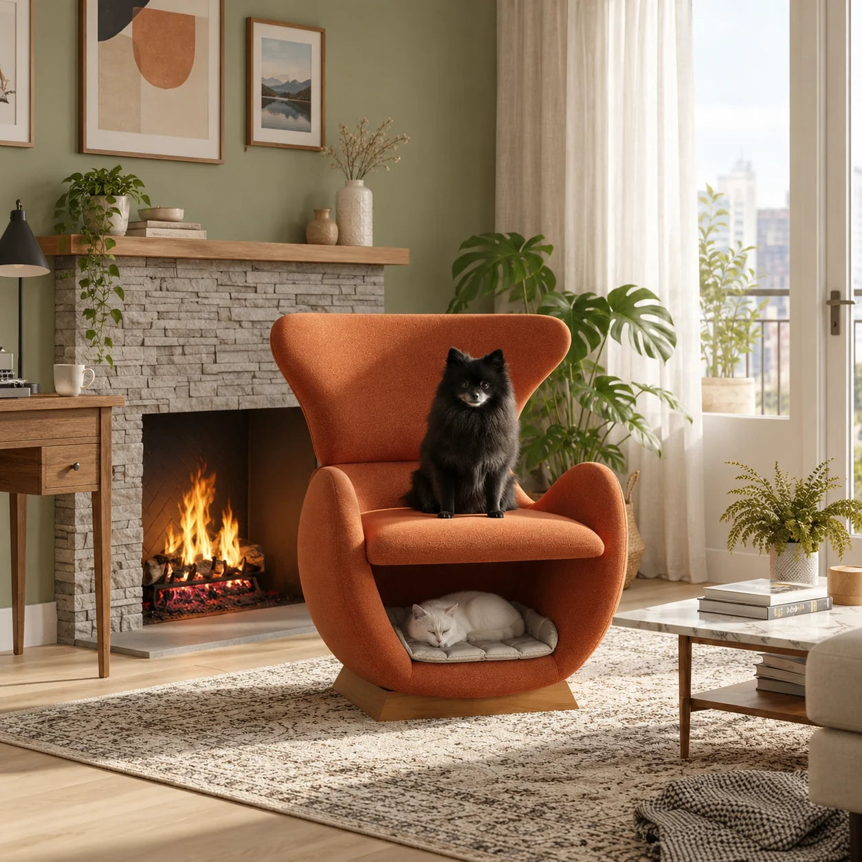 Terrakotta-Sessel Sammen im Wohnzimmer, Katze auf dem Sitz und Höhle darunter