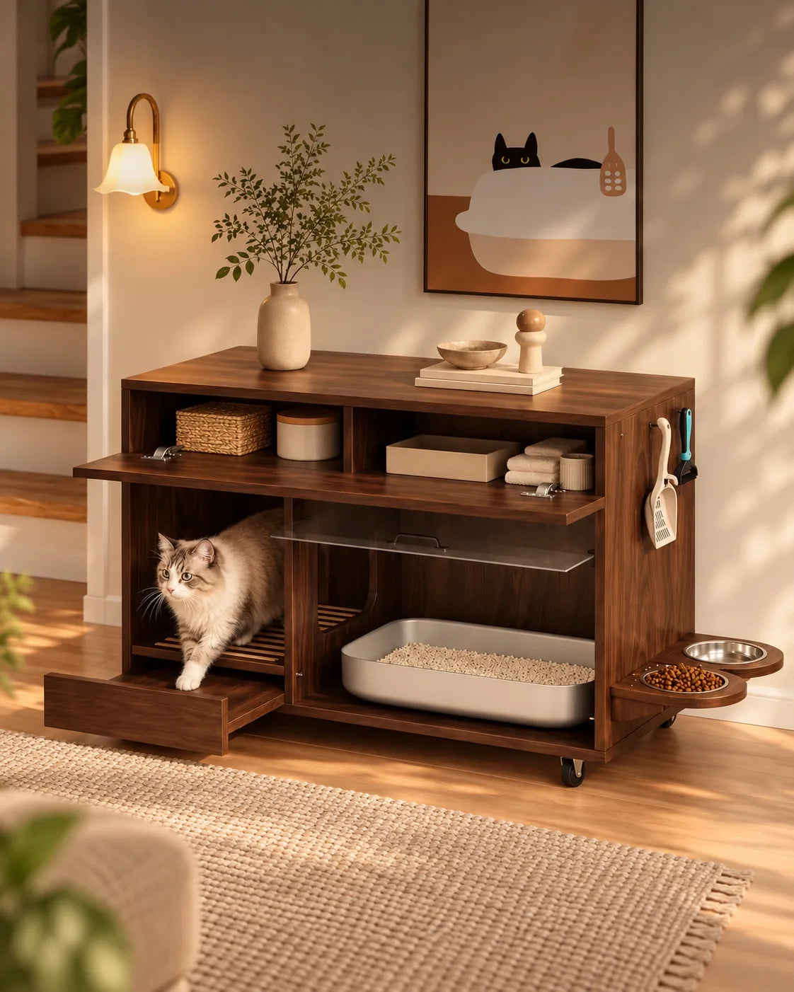 Meuble cache-litière en bois noyer avec chat, intégré dans un intérieur chaleureux et raffiné — univers Mobilier COZYLOW