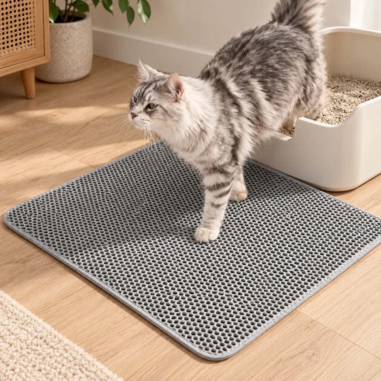 Katze auf der Katzenstreumatte Korn