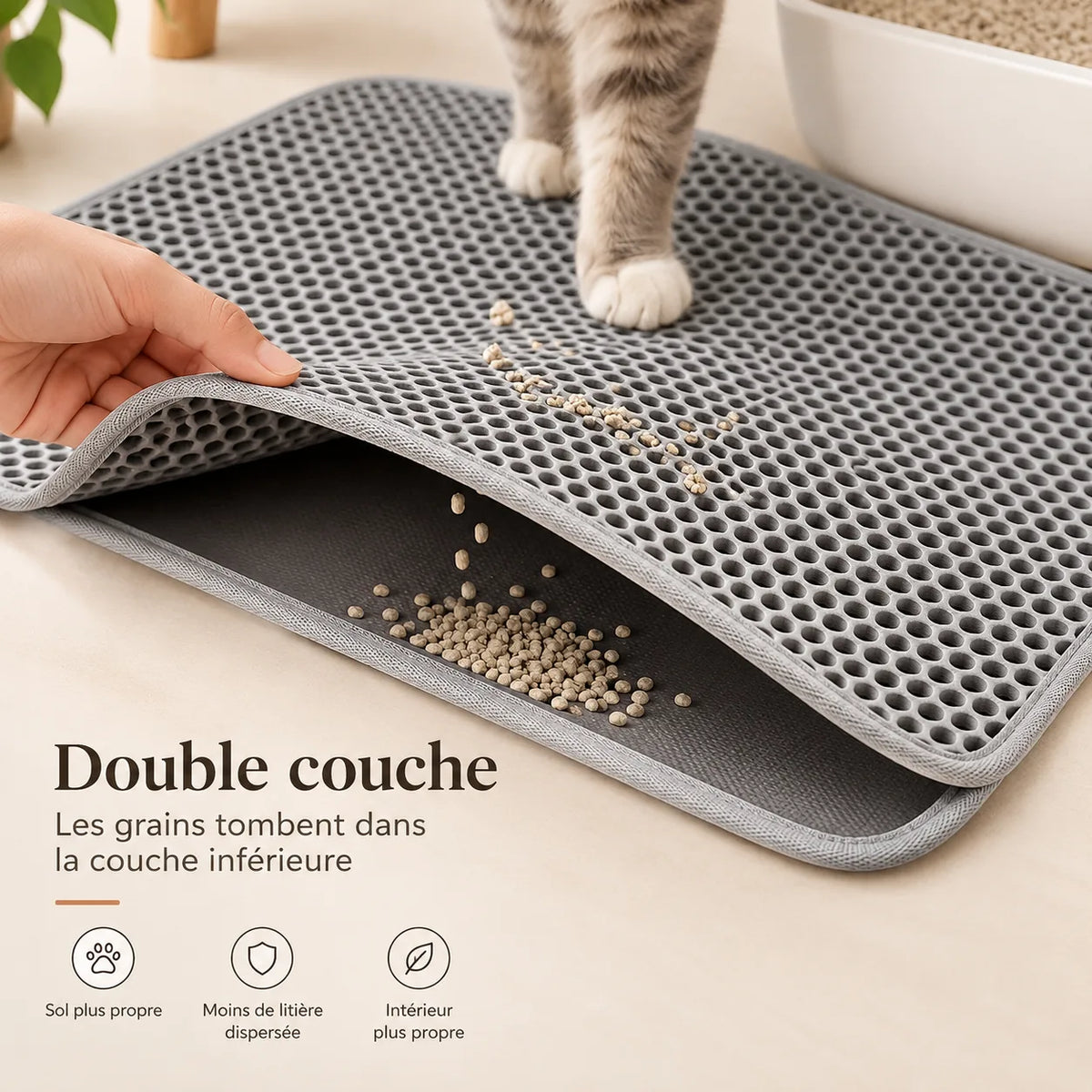 Die zwei Lagen der Katzenstreumatte Korn