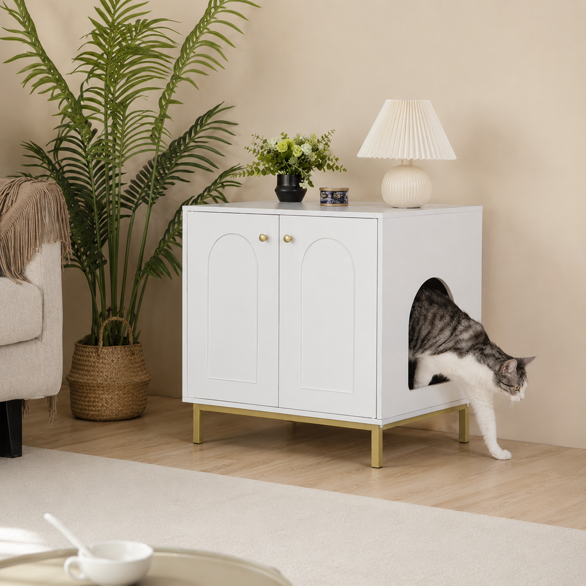 Katzentoilettenschrank in Weiß und Gold – Kube