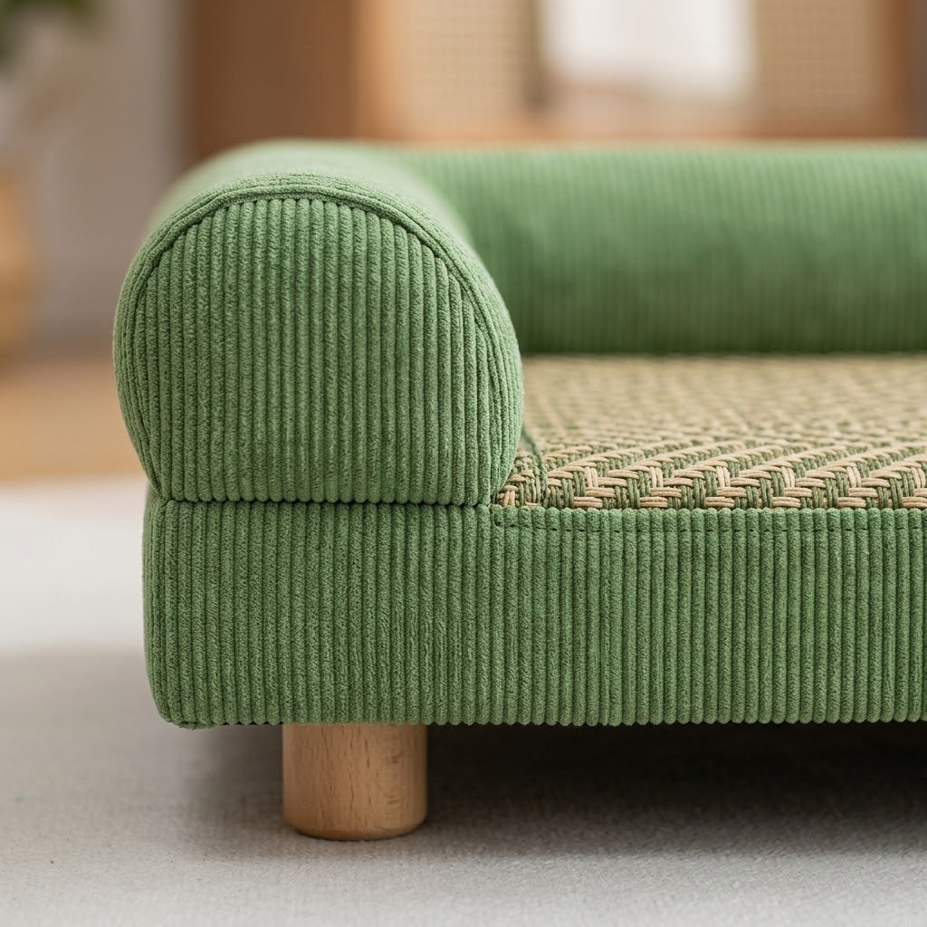Detail des Cordbezugs und der Konstruktion des Mini-Hundesofas Soffa