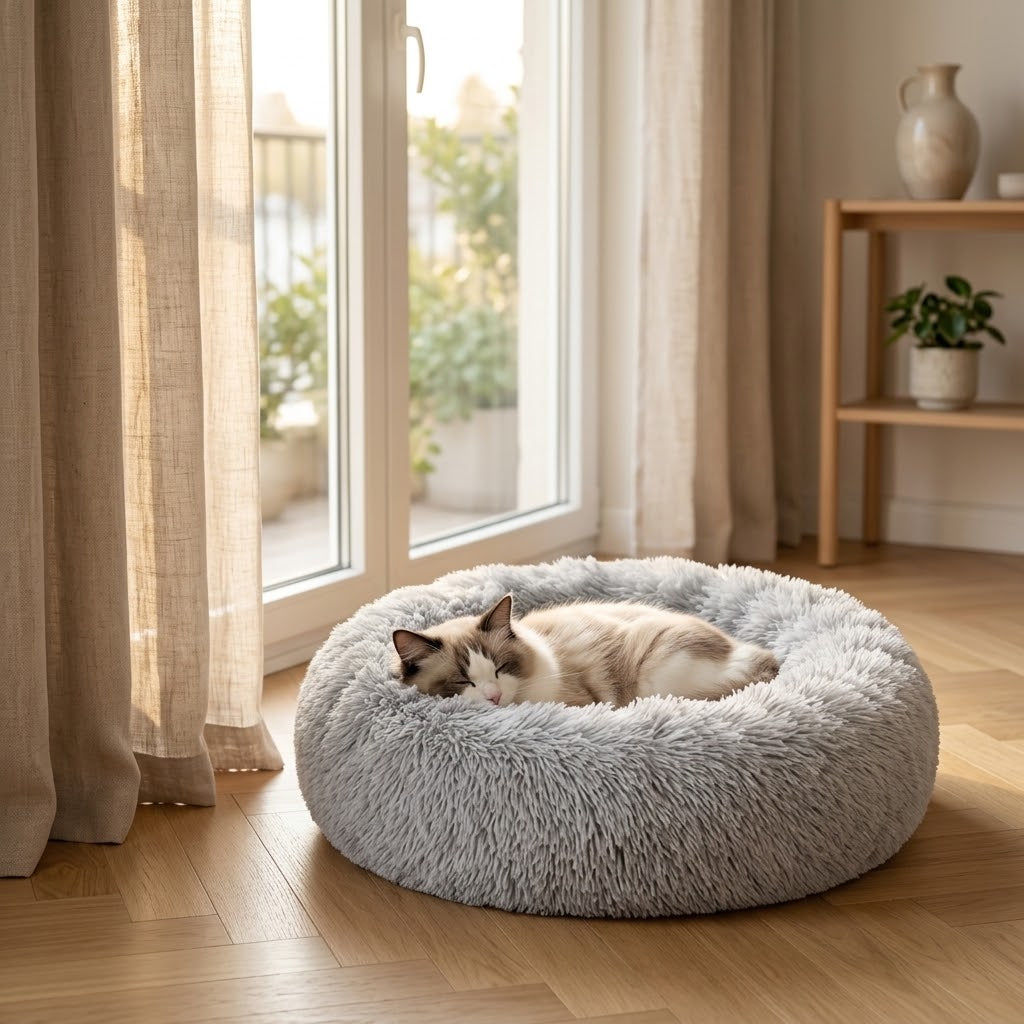 Katze im Donut-Katzenbett Dun