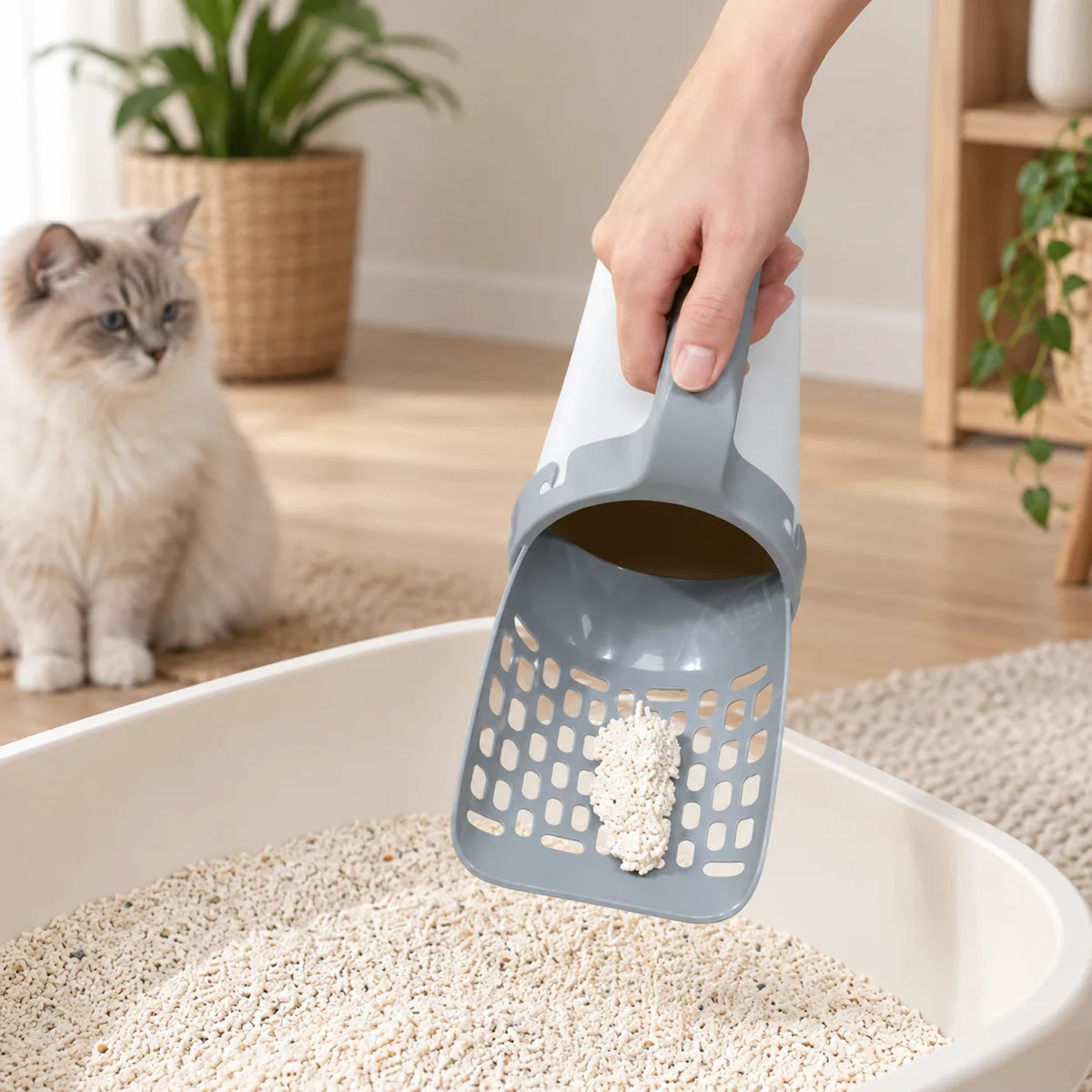 Katzenstreuschaufel Rens bei der Verwendung